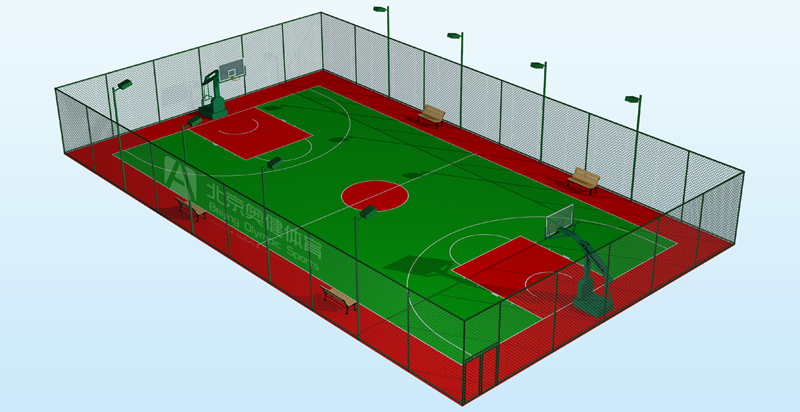 塑膠籃球場(chǎng)效果圖圖片，帶圍網(wǎng)燈光籃球架，